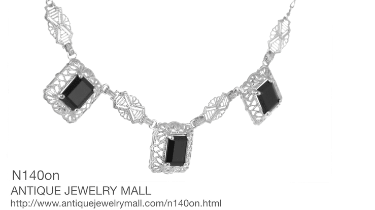 Art Deco Filigree Black Onyx 3 Drop Necklace in Sterling Silver - Item: N140on - Image: 5