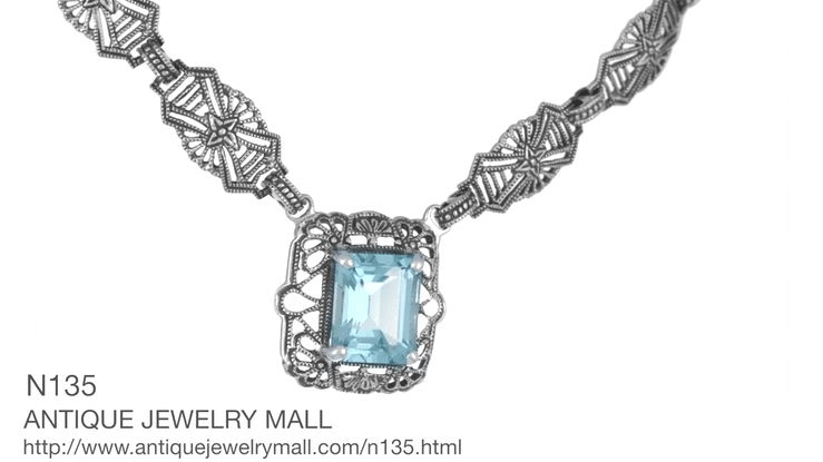 Art Deco Filigree Blue Topaz Drop Pendant Necklace in Sterling Silver - Item: N135 - Image: 6