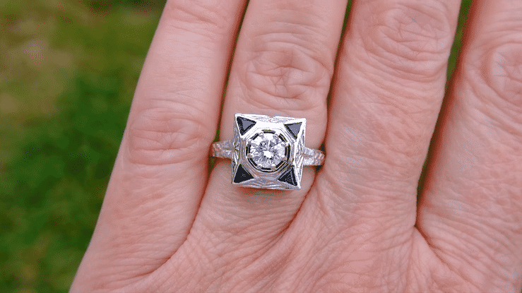 Art Deco Filigree Triangle Sapphires 1/2 Carat Diamond Engagement Ring in 14 Karat White Gold - Item: R277D - Image: 4