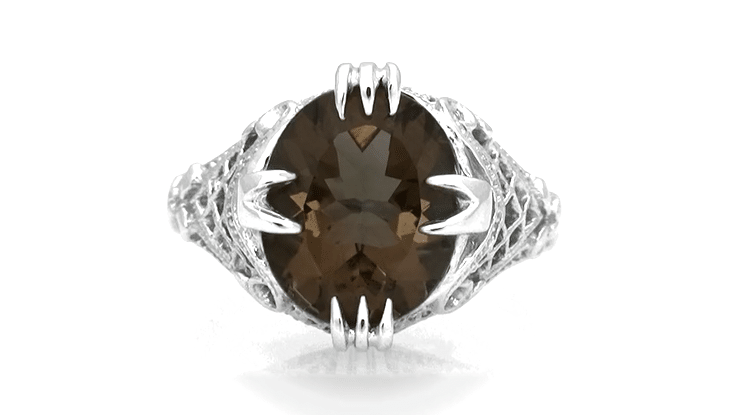 Art Deco Filigree Claw Prong Statement Ring - 4.30 Carat Oval Smoky Quartz Ring in Sterling Silver - Item: SSR157SQ - Image: 5