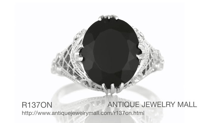 Art Deco Filigree Oval Black Onyx Ring in 14 Karat White Gold - Item: R137ON - Image: 6