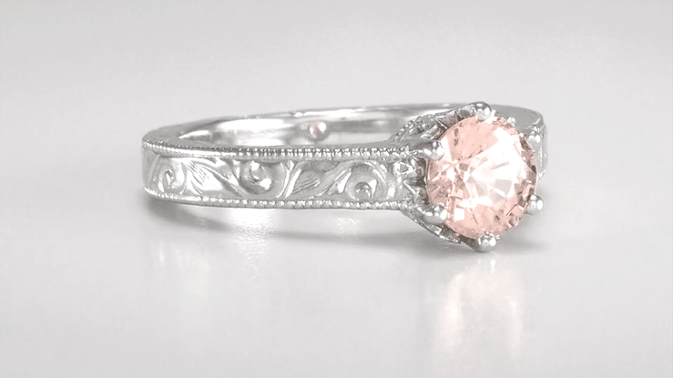 Art Deco Crown Filigree Scrolls 1 Carat Morganite Engraved Engagement Ring in 18 Karat White Gold - Item: R199W1M - Image: 8