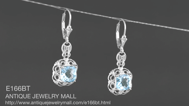 Art Deco Filigree Cushion Cut Sky Blue Topaz Drop Dangle Earrings in Sterling Silver - Item: E166BT - Image: 5