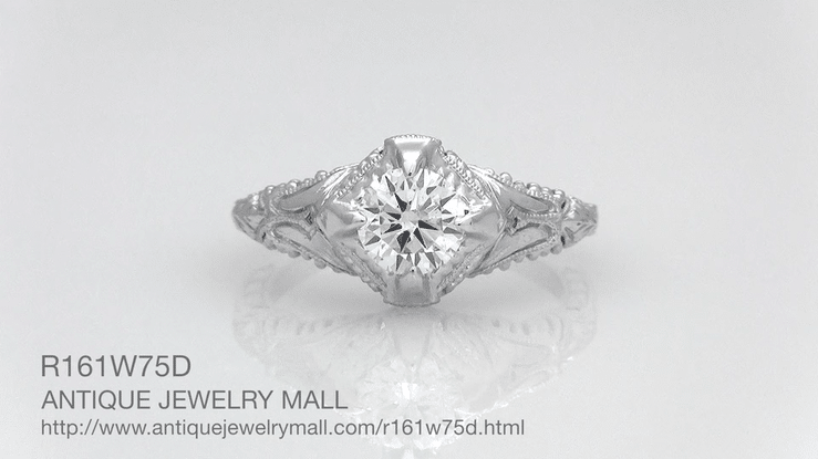 Art Deco Filigree Antique Engraved Solitaire Diamond Engagement Ring in White Gold - Item: R161W75D-LC - Image: 6
