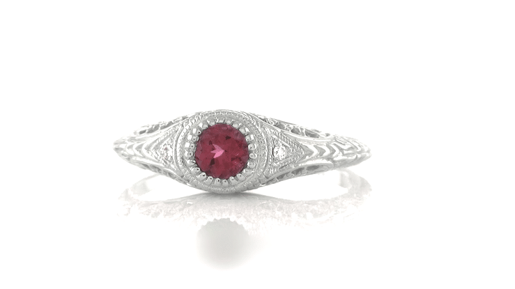 Art Deco Filigree Engraved Platinum Rhodolite Garnet and Side Diamond Engagement Ring - Item: R138PG - Image: 6