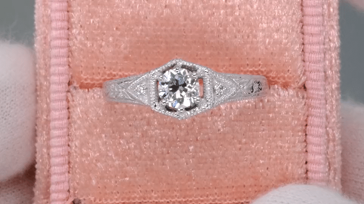 Art Deco Filigree Wheat and Scrolls Diamond Engraved Engagement Ring in 14 Karat White Gold - Item: R407 - Image: 6