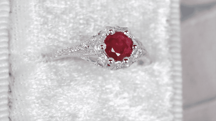 Art Deco Filigree Flowers Ruby Engagement Ring in 14 Karat White Gold - Item: R706WR - Image: 5