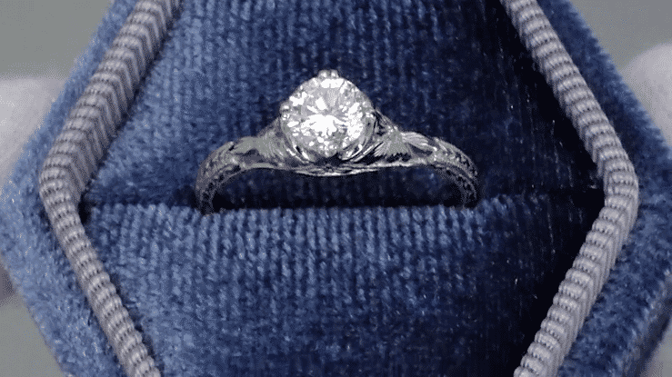 Art Deco Filigree Flowers and Wheat Engraved 1/2 Carat Diamond Engagement Ring in 18 Karat White Gold - Item: R356WD50 - Image: 5