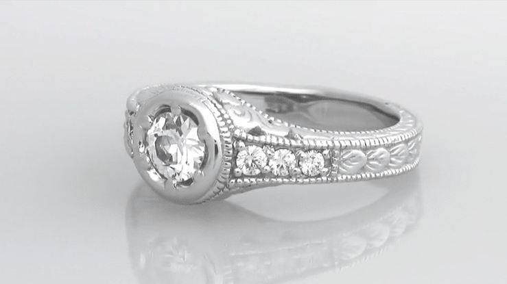 Art Deco Filigree Flowers and Scrolls Engraved 1/4 Carat Diamond Engagement Ring in 14 Karat White Gold - Item: R990W25-LC - Image: 8