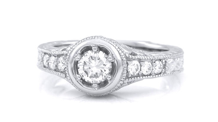 Art Deco Filigree Flowers and Scrolls Engraved 1/2 Carat Diamond Halo Engagement Ring in 14 Karat White Gold - Item: R990W50-LC - Image: 6