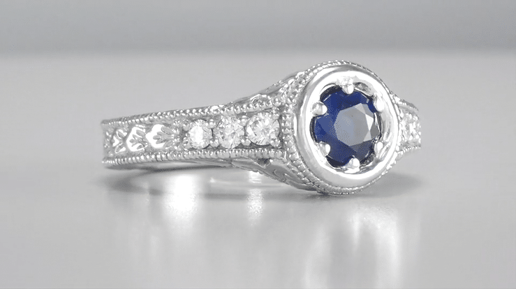 Art Deco Filigree Flowers and Scrolls Engraved Blue Sapphire and Diamond Engagement Ring in White Gold - Item: R990W14K50S - Image: 7