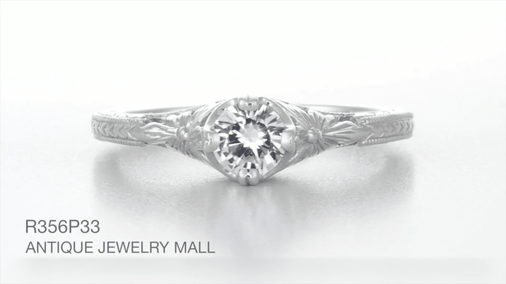 Art Deco Filigree Flowers and Wheat 1/3 Carat Engraved Engagement Ring Setting in Platinum - Item: R356P33 - Image: 3