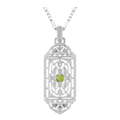 1920's Geometric Art Deco Filigree Peridot Pendant Necklace in Sterling Silver