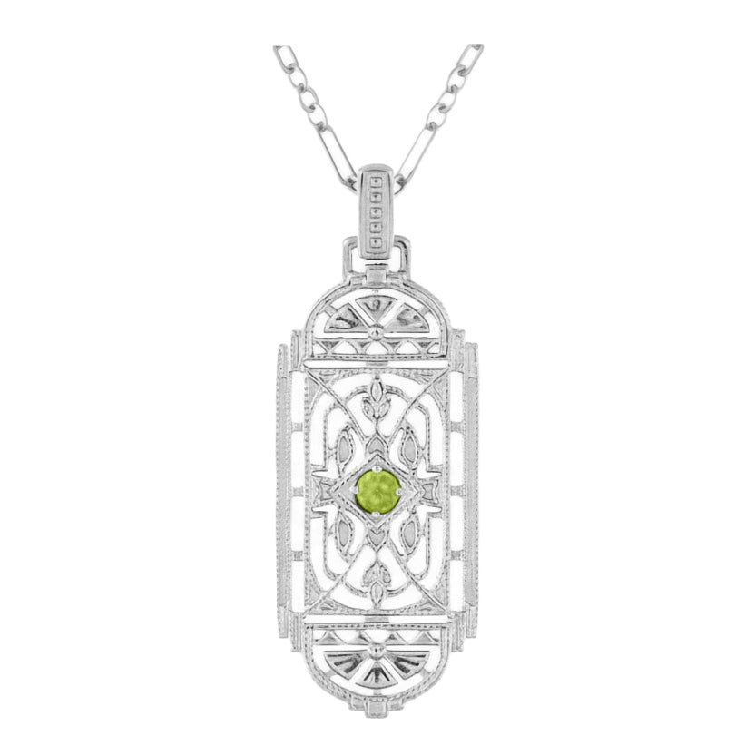 1920's Geometric Art Deco Filigree Peridot Pendant Necklace in Sterling Silver