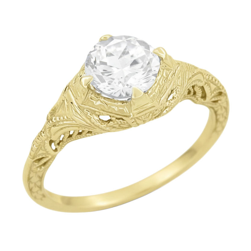 Art Deco Filigree Hand Engraved Yellow Gold Diamond Vintage Solitaire Engagement Ring 0.75 1.00 1.25 1.50 or 2.00 Carats - R161Y125D