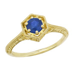 Art Deco Blue Sapphire Filigree Hexagon Engagement Ring in 14K Yellow Gold