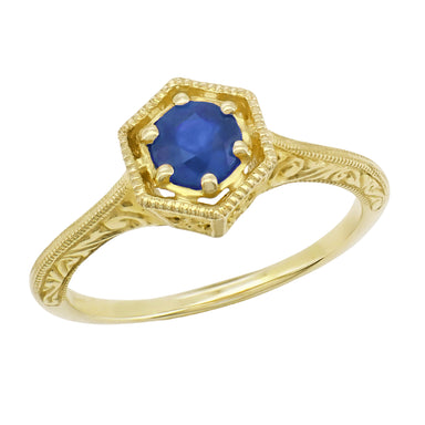 Art Deco Blue Sapphire Filigree Hexagon Engagement Ring in 14K Yellow Gold