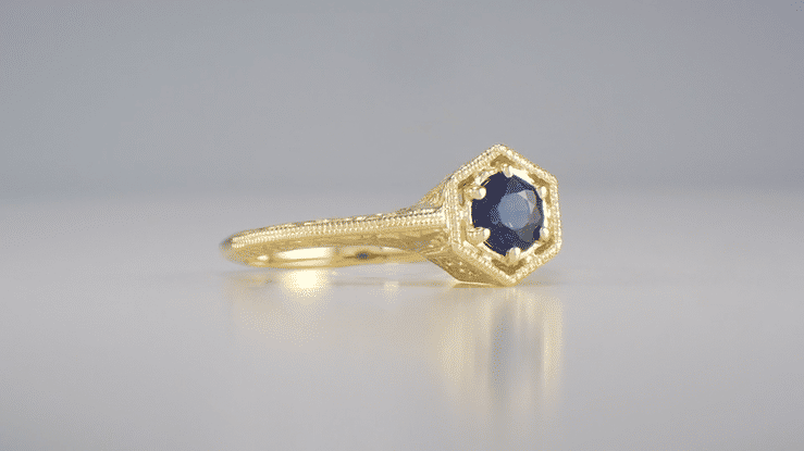 Art Deco Blue Sapphire Filigree Hexagon Engagement Ring in 14K Yellow Gold - Item: R257Y - Image: 5