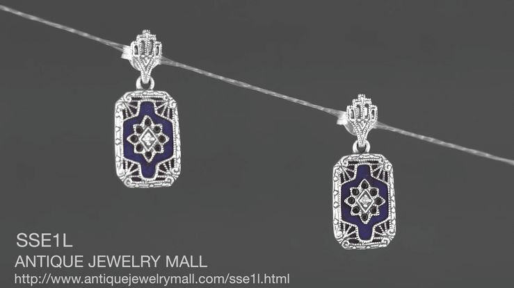 Art Deco Filigree Lapis Lazuli and Diamond Earrings in Sterling Silver, 1920s Vintage Engraved Design - Item: SSE1L - Image: 4