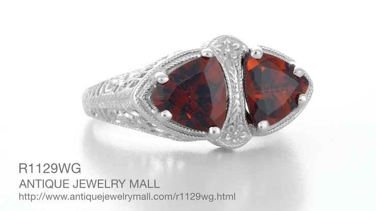 Art Deco Filigree Loving Duo Almandite Garnet Ring in 14 Karat White Gold - January Birthstone - Item: R1129WG - Image: 7