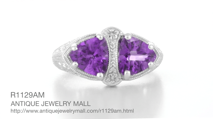 Art Deco Filigree Loving Duo East to West Amethyst Ring in 14 Karat White Gold - February Birthstone - Item: R1129AM - Image: 7