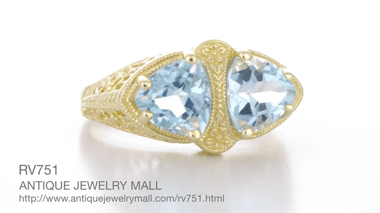 Art Deco Filigree Loving Duo Blue Topaz Ring in 14 Karat Yellow Gold - December Birthstone - Item: RV751 - Image: 5