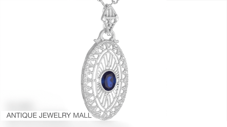Art Deco Filigree Oval Blue Sapphire Pendant Necklace in Sterling Silver - Item: N148S - Image: 4