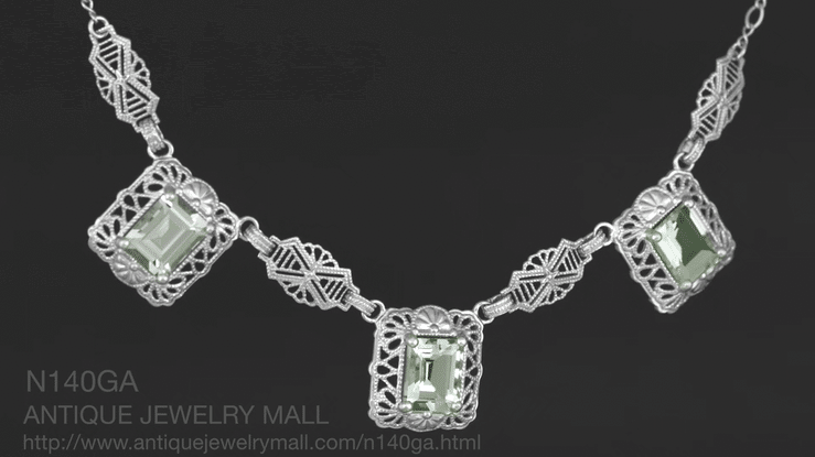 Art Deco Filigree Prasiolite ( Green Amethyst ) 3 Drop Necklace in Sterling Silver - Item: N140GA - Image: 6