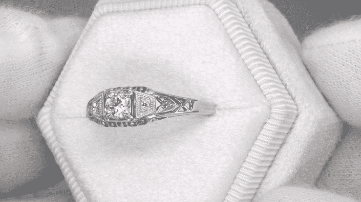 Art Deco Filigree 1/4 Carat Natural Diamond Platinum Engagement Ring - Low Profile - Item: R640P - Image: 7