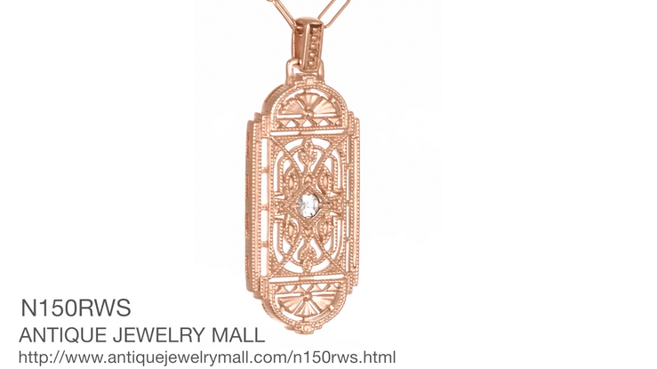 Art Deco Filigree Rose Gold Vermeil Geometric White Sapphire Pendant Necklace in Sterling Silver - Item: N150RWS - Image: 7