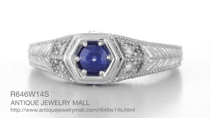 Art Deco Filigree Sapphire and Diamond Engagement Ring in White Gold | Antique Inspired Low Profile Ring - Item: R646W10S - Image: 7