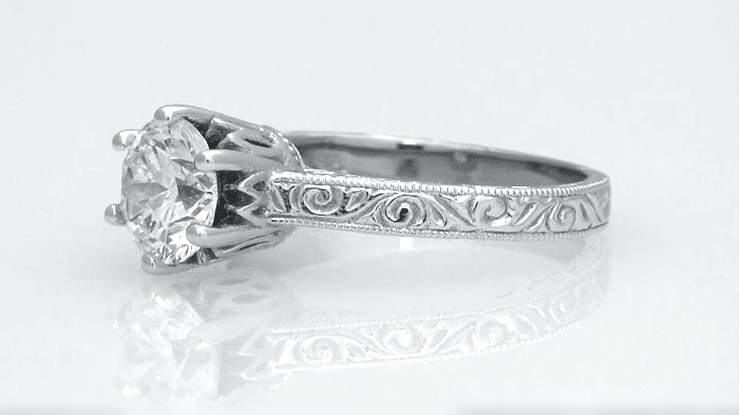 Art Deco Filigree Scrolls Tiara Crown 1.25 Carat Solitaire Diamond Engraved Engagement Ring in White Gold - Item: R199WD125K14-LC - Image: 10