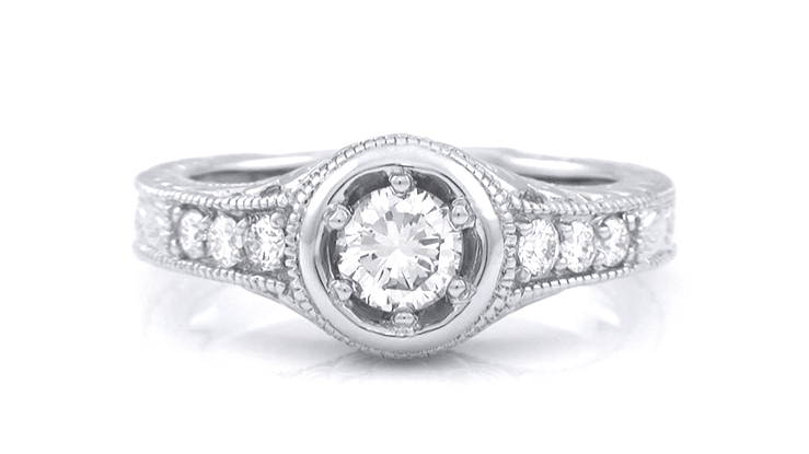Art Deco Filigree Scrolls and Flowers Carved Low Profile 3/4 Carat Diamond Engagement Ring Setting in White Gold - 14K or 18K - Item: R990W75NS-LC - Image: 6