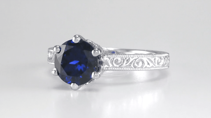 Art Deco Filigree Scrolls 1.5 Carat Blue Sapphire Engraved Solitaire Crown Engagement Ring in 18 Karat White Gold - Item: R199W1S - Image: 7