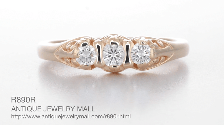 Art Deco Filigree 3 Stone Diamond Ring in 14 Karat Rose ( Pink ) Gold - Item: R890R-LC - Image: 6