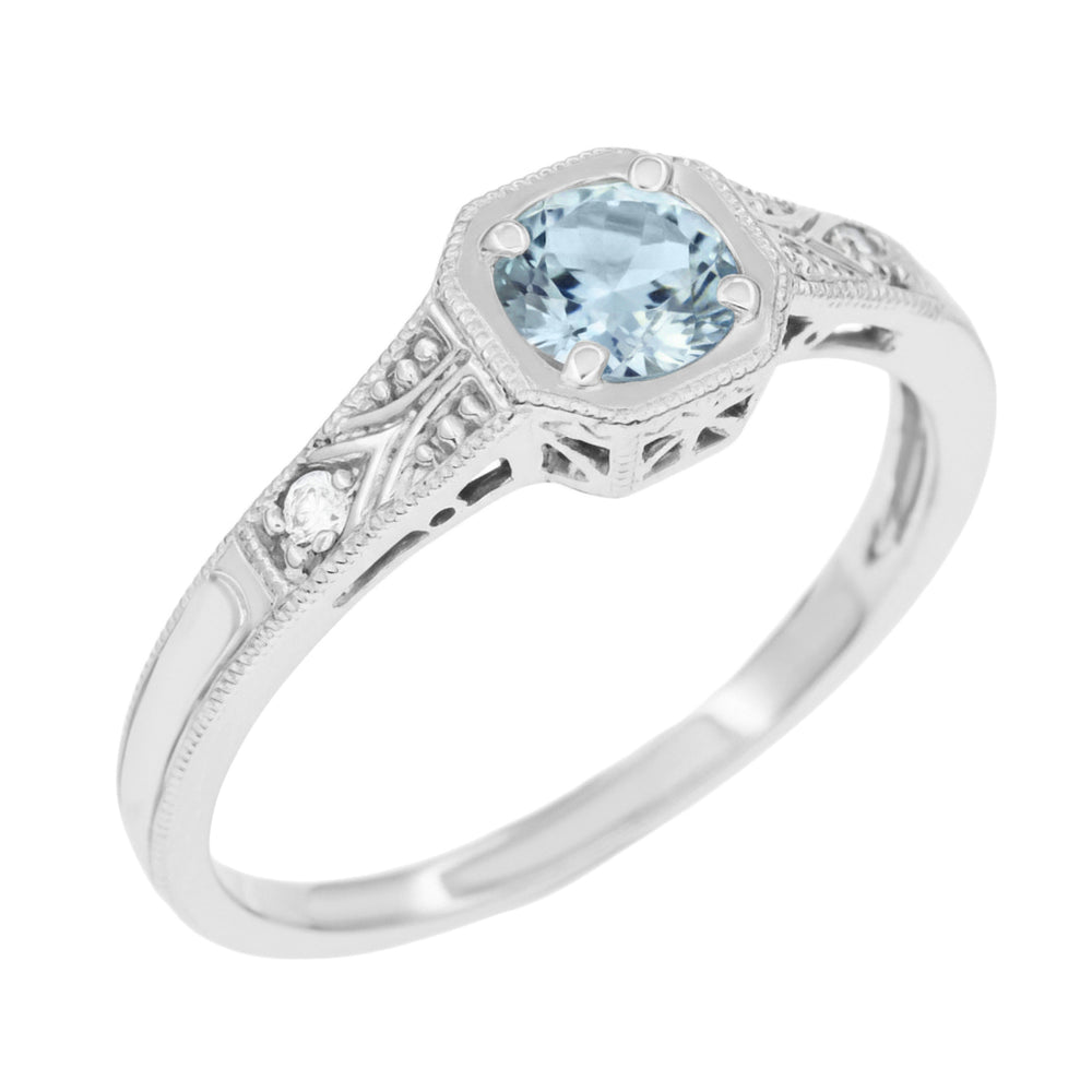 Art Deco Filigree Aquamarine and Diamond Engagement Ring in White Gold - 18K or 14K - Item: R298W14A - Image: 3