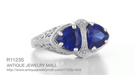 Art Deco Filigree Blue Sapphire Loving Duo Trillion Ring in Sterling Silver