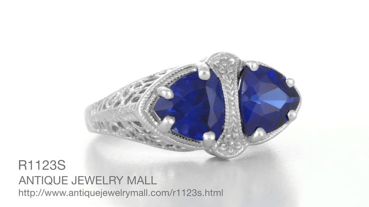 Art Deco Filigree Blue Sapphire Loving Duo Trillion Ring in Sterling Silver - Item: R1123S - Image: 7