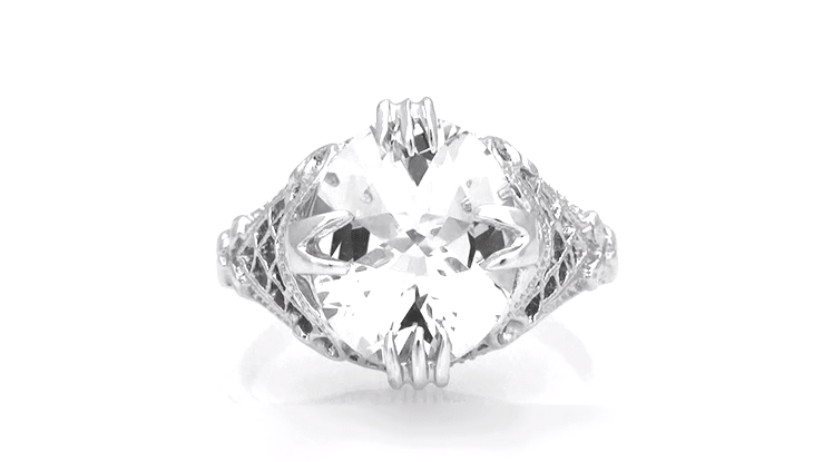 Art Deco Filigree Engraved 5 Carat Oval White Topaz Ring in Sterling Silver - Item: SSR157WT - Image: 5
