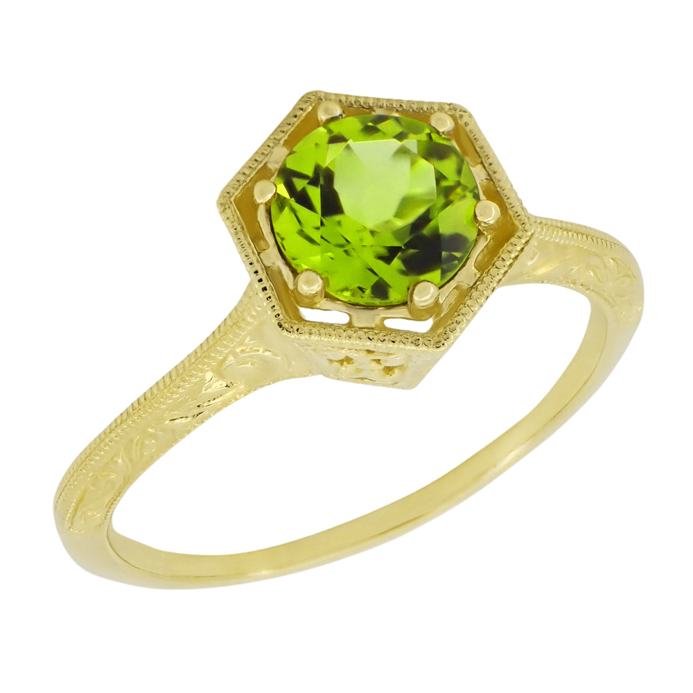 Art Deco Yellow Gold Hexagon Vintage Filigree Peridot Ring - R180Y75PER