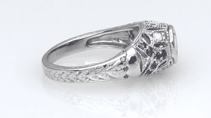 Art Deco Filigree Vintage Inspired Diamond Engagement Ring with Side Sapphires in 14 Karat White Gold - Item: R647 - Image: 5