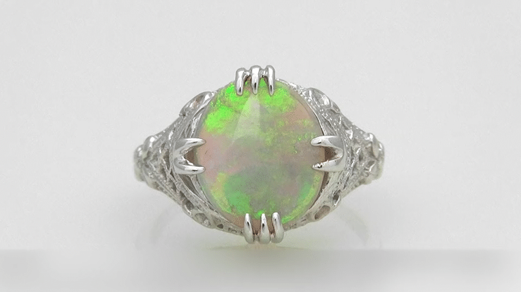 Art Deco Filigree Large White Opal Ring in 14 Karat White Gold - Item: R157 - Image: 4