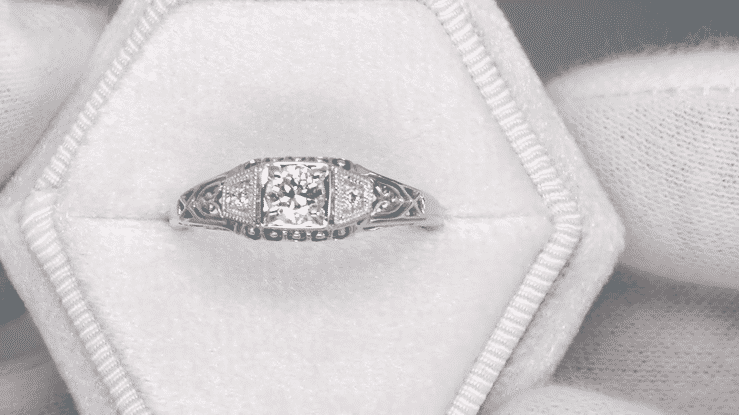 Art Deco Filigree Palladium Diamond Engagement Ring - Item: R640PDM - Image: 6