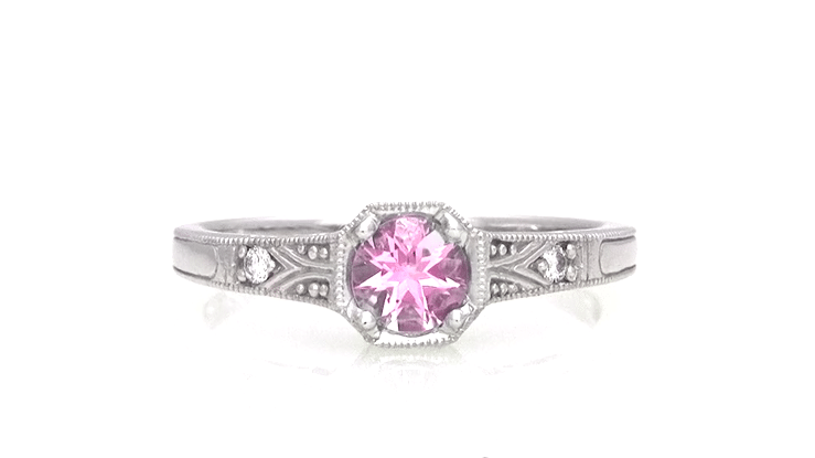 Art Deco Filigree Pink Sapphire and Diamond Engagement Ring in Platinum - Item: R298PPS - Image: 6