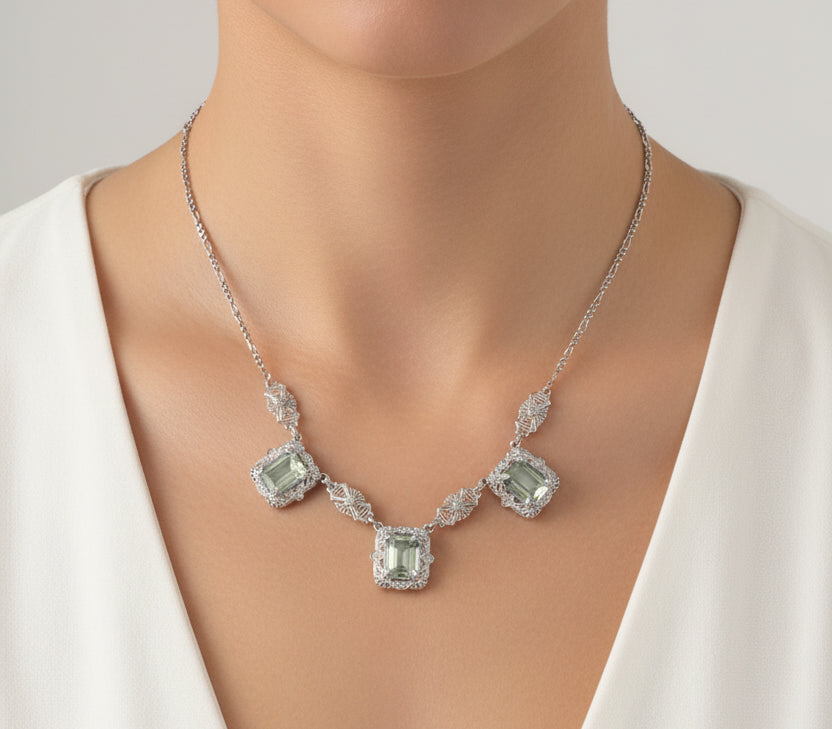 Art Deco Filigree Prasiolite ( Green Amethyst ) 3 Drop Necklace in Sterling Silver - Item: N140GA - Image: 4