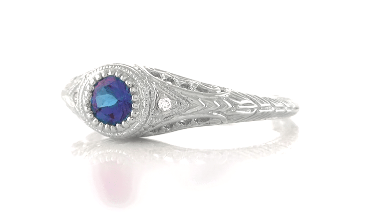 1920's Art Deco Filigree Lab Alexandrite Engagement Ring in White Gold With Side Diamonds - Item: R138WAL - Image: 5