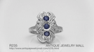 Art Deco Filigree Three Stone Blue Sapphires Panel Ring in 14 Karat White Gold