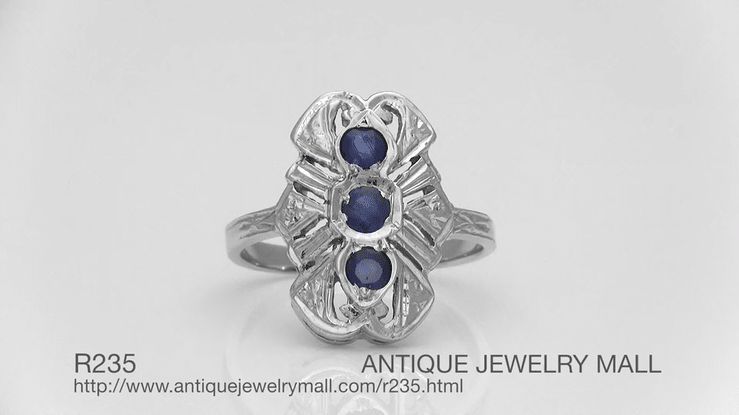Art Deco Filigree Three Stone Blue Sapphires Panel Ring in 14 Karat White Gold - Item: R235 - Image: 4