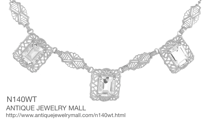 Art Deco Filigree White Topaz 3 Drop Necklace in Sterling Silver - Item: N140WT - Image: 6