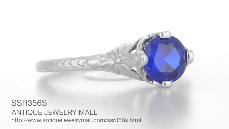 Art Deco Floral Filigree Lab Grown Blue Sapphire Solitaire Promise Ring in Sterling Silver - Item: SSR356S - Image: 8